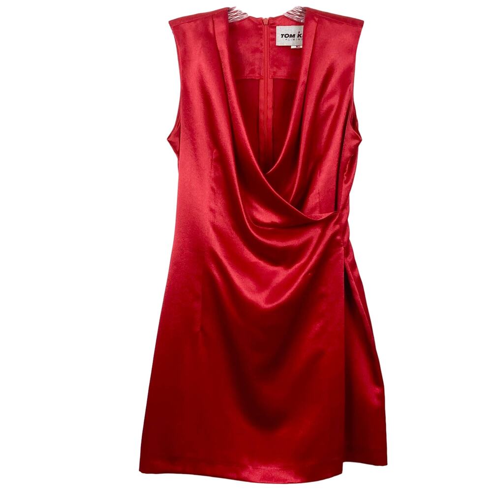 Vintage 90s TOM KLAIM Dress 8~M Designer Satin Red Faux-Wrap Sleeveless Knee Zip